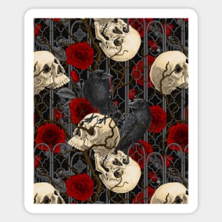 Raven's secret. Dark and moody gothic illustration with human skulls and roses Sticker